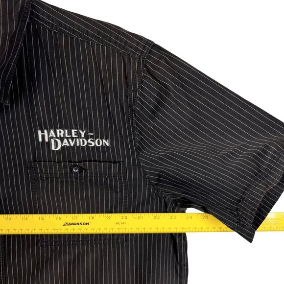 Harley-Davidson Mens L Black Striped Short Sleeve Button-Up Mechanic Shirt Biker - Picture 13 of 16
